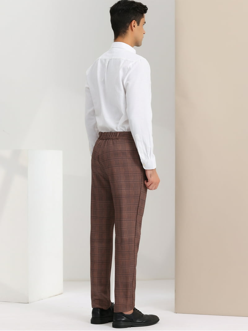 mens brown plaid dress pants Unique Bargains Men's Trousers, 96% Polyester 4% Spandex, Brown, Size 28, Regular Fit Formal Suit Color:Blue gingham fit leg enhances your SID-FD11448P1939 Gold Party Dresses: A