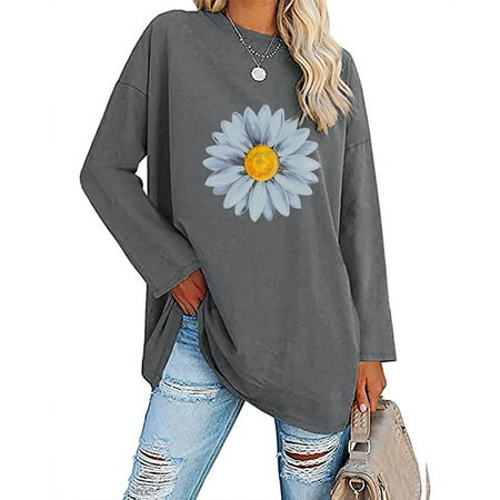 Zanvin Womens Fall Fashion Tops 2022 Clearance, Womens Classic Floral Print Crewneck Long Sleeve Loose Tops Blouses Shirt Gray XL, Gifts for Women