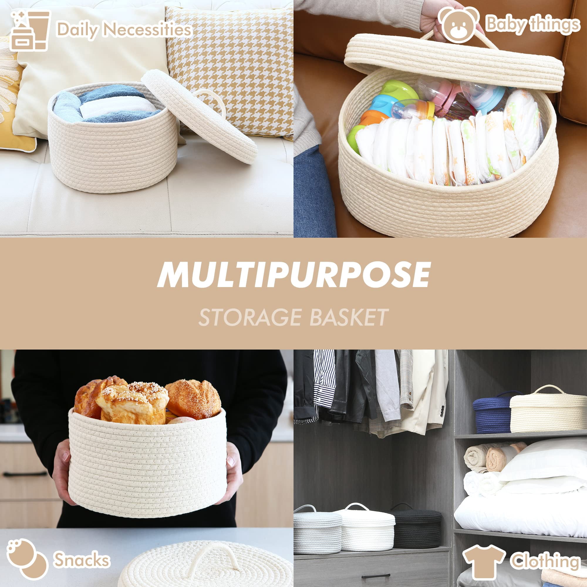 Sea Team Round Cotton Rope Storage Basket with Lid, Lidded Woven Storage Bin, Nursery Storage Container, Diaper Caddy, Baby Shower Basket, Box, Organizer, 11.8 x 11.8 x 6.7 Inches, Cream