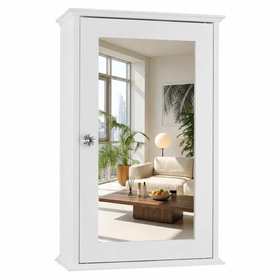 White Wall Mounted Medicine Cabinet, Single Door, Two Adjustable Shelves, Magnetic Lock, Compact Bathroom Storage, Over Toilet or Sink, Space Saving
