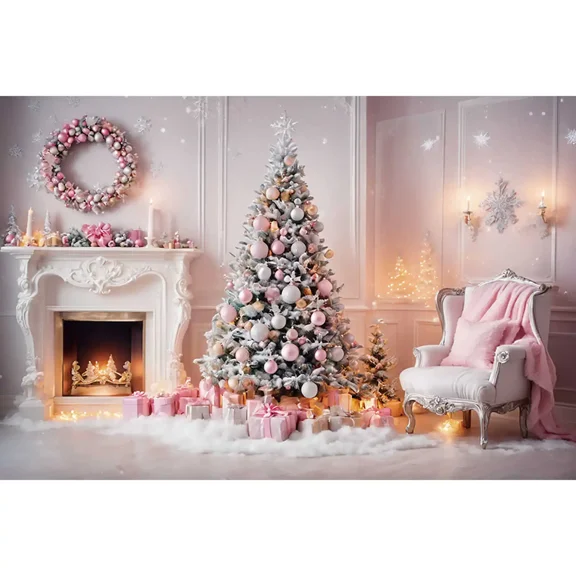 Pink Christmas Photography Backdrops Big Tree Fireplace Photo Studio Background Gifts Wreath Home ration Back Drop