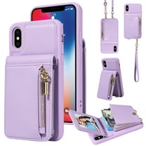 Decase Crossbody Shoulder Zipper Wallet Case for iPhone XR,Stylish Flip Leather Wallet with Credit Card Holder Strap Lanyard Women Girl Purse Kickstand Cover,Purple