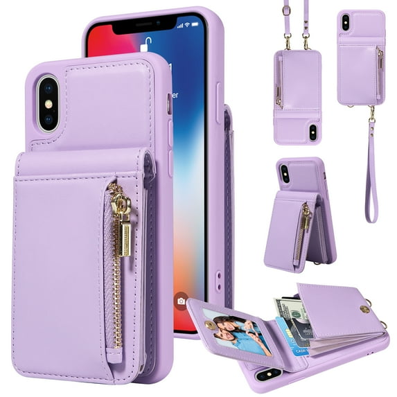 ELEHOLD Zipper Wallet Case for iPhone XR,Premium Leather with Organ Card Holders Zipper Purse Stand Function Detachable Long & Short Strap Crossbody Luxury Case,Purple