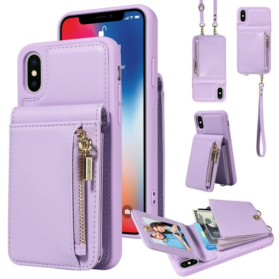 Nalacover RFID Blocking Wallet Case for iPhone X/XS, Shockproof PU Leather Magnetic Button Zipper Purse Card Slots & Kickstand Crossbody Phone Case with Shoulder & Wrist Strap,Purple