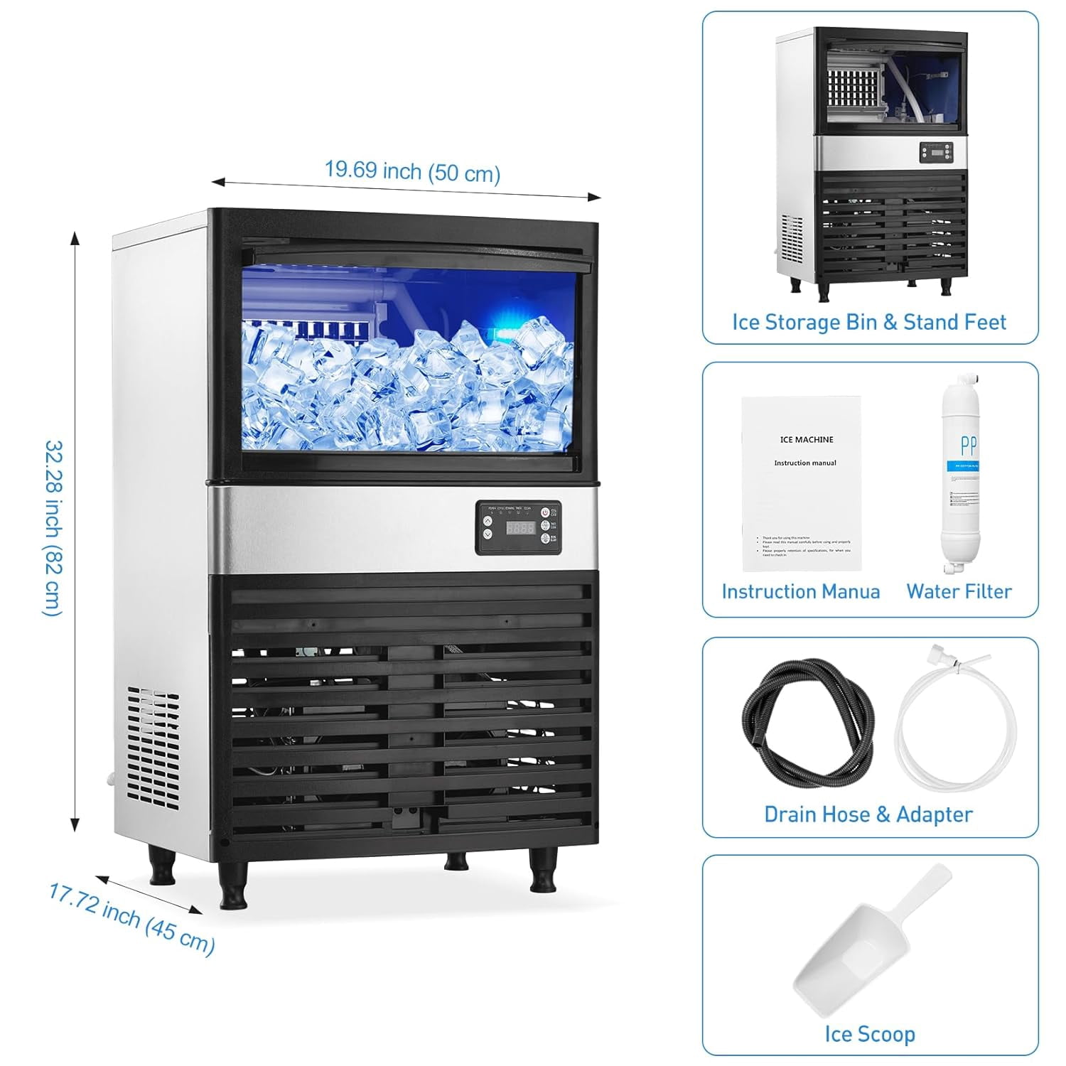 Commercial Ice Maker Machine, 150lbs/24 Hours, 27lbs Storage Bin, Stainless Steel, Blue Light, Freestanding, Great for Home or Business, Includes Ice Scoop, Connecting Hose