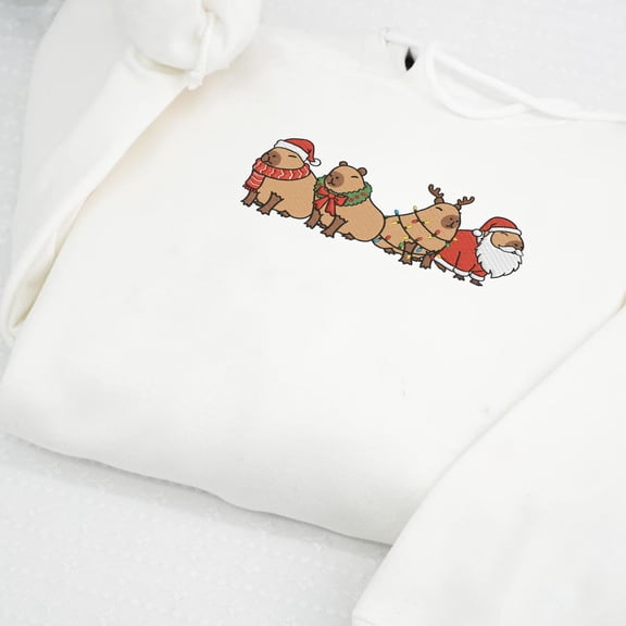 Christmas Capybara Embroidered Sweatshirt, Cute Holiday Animal Shirt, Funny Santa Reindeer Capybara Gift