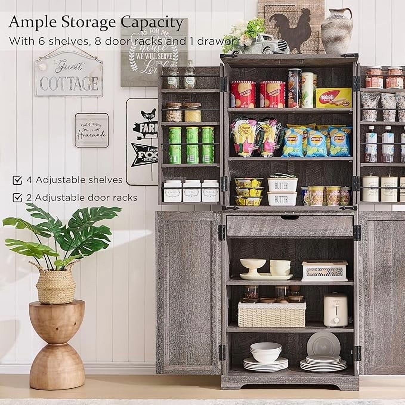 ACCOHOHO 72" Tall Kitchen Pantry, Farmhouse Storage Cabinet with Barn Doors, Drawer and Adjustable Shelves, Rustic Wood Cupboard for Kitchen, Dining Room, Bathroom, Rustic Grey