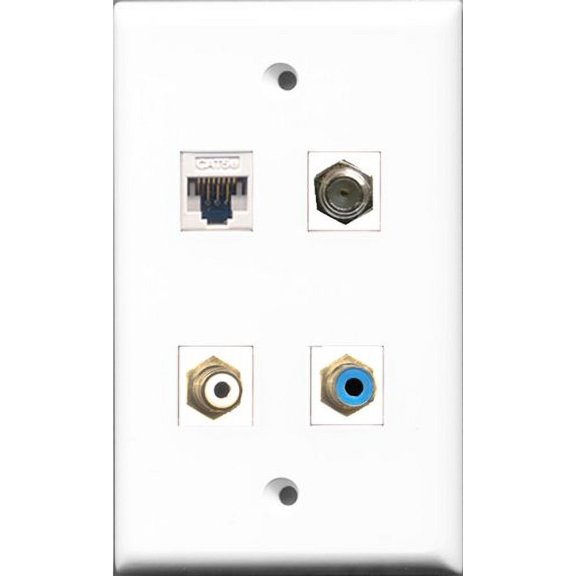 RiteAV - 1 Port RCA White and 1 Port RCA Blue and 1 Port Coax Cable TV- F-Type and 1 Port Cat5e Ethernet White Wall Plate