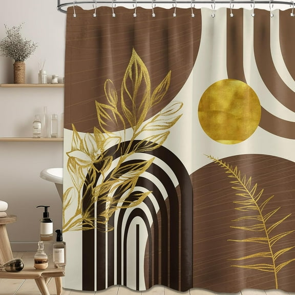 Mid Century Modern Black and Brown Shower Curtain Boho Beige and Dark Tan Gold Shower Curtains for Mens Bathroom Decor Sets, Waterproof Cloth Fabric with Hooks 72"W x 78"L (Pack of 1)