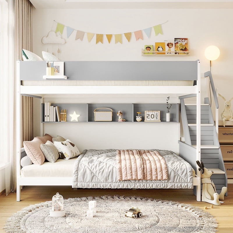 Twin over Full Bunk Bed with Striped-Design Staircase, Kids Teens Wooden Storage Bed Frame with Side Shelves