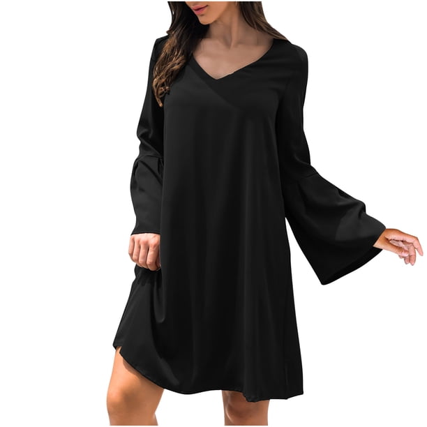 Vestido de manga larga de linterna de manga larga sexy de color sólido suelto con cuello en V de moda casual para mujer Fridja NMB4017