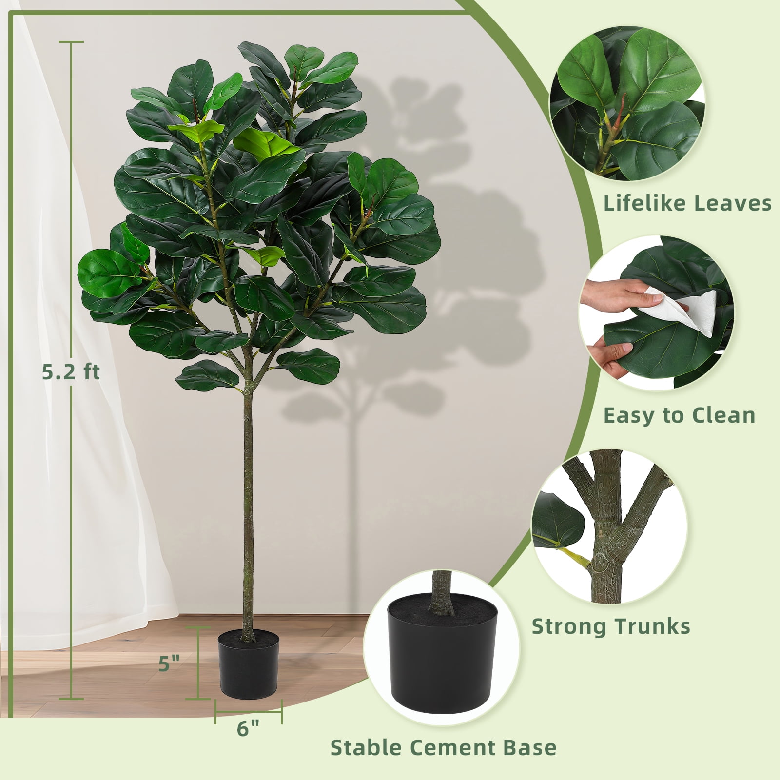 Ataucjin 5.2 Ft Artificial Fiddle Leafs Fig Tree Tall Fake Plants Decorative Faux Ficus Lyrata Plant Large Floor Plant With Pot Artificial Tree For Home Office Living Room Bathroom Corner Decor Indoor