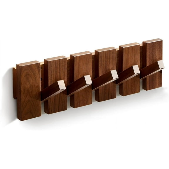 Wooden Coat Hooks Wall Mounted, Coat Rack Hanger Wall Mount with 5 Hooks, Modern Piano Coat Racks for Hanging Coats Keys Hats Towels Bags, Space-Saving Entryway Coat Rack, Walnut