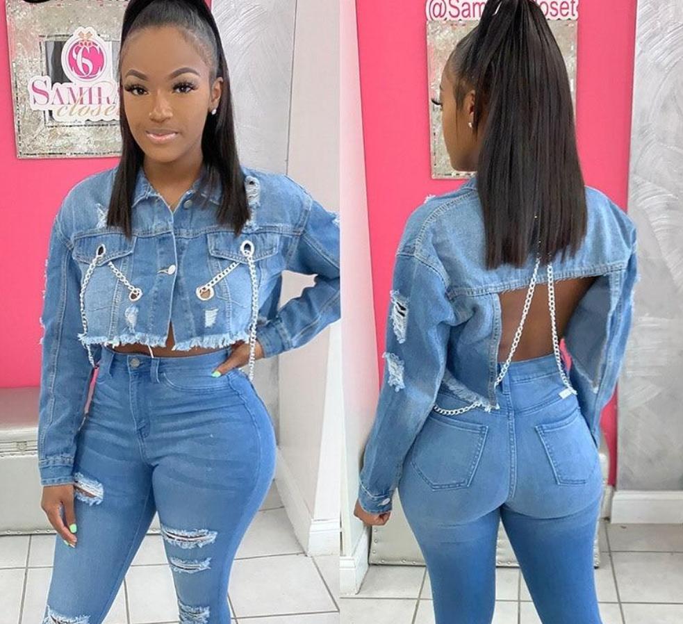 Sexy Backless Chains Denim Jacket