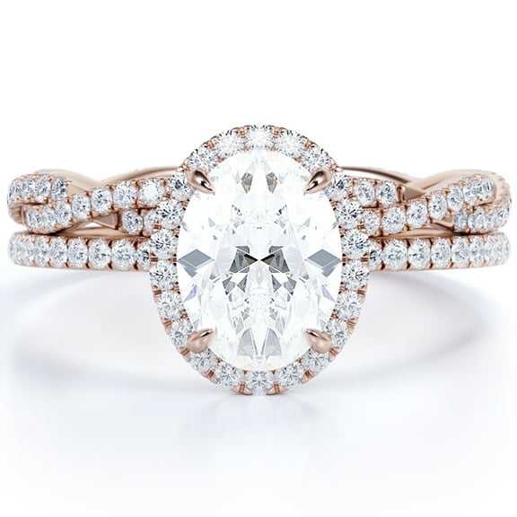 JeenMata Unique 1.75 Carat Oval Cut Moissanite Wedding Bridal Ring Set in 18k Rose Gold Over Silver