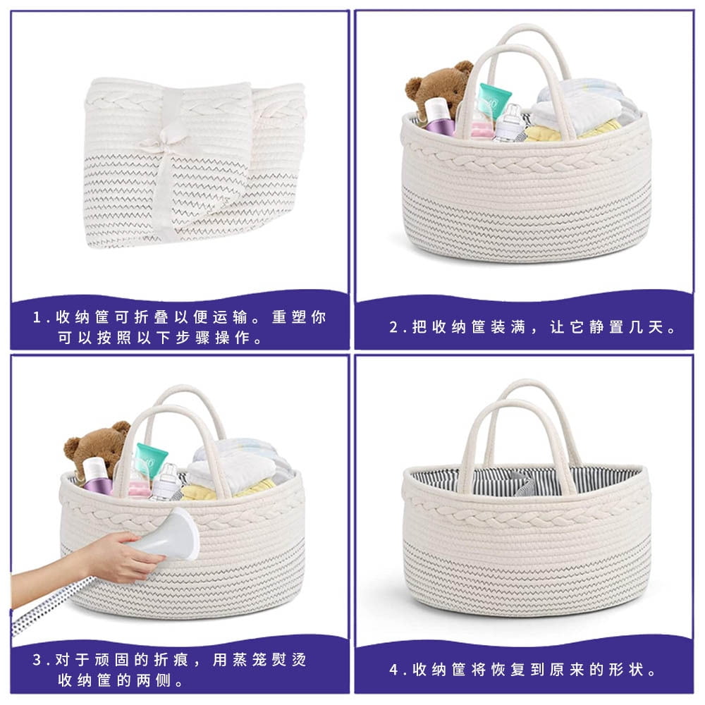 Woven Cotton Rope Diaper Caddy Organizer Basket, Portable Storage Tote with Handle for Baby Essentials