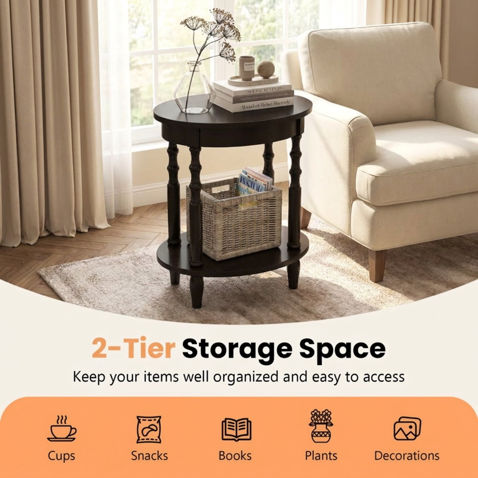 Furnibear 2-Tier Oval Side Table with Storage Shelf and Solid Wood Legs for Living Room Bedroom Sofa Side Nightstand Small Spaces, Espresso