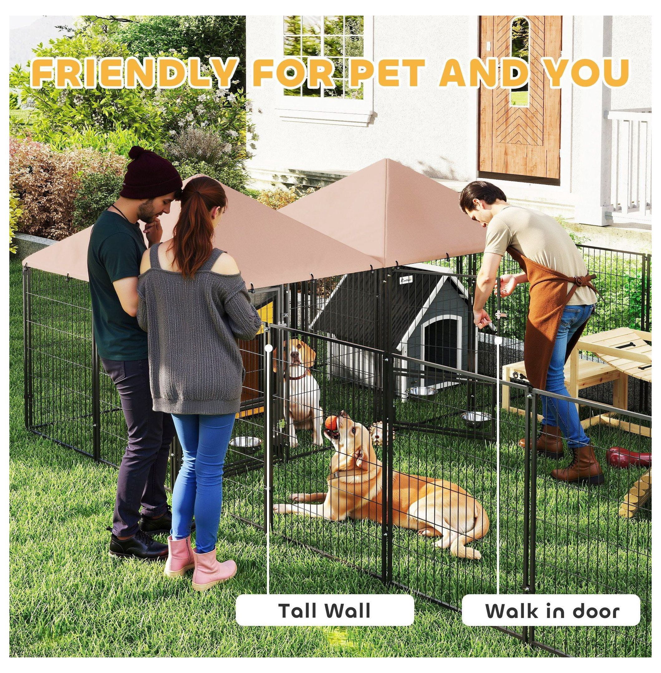 Outdoor Dog Kennel with 2 Rooms, Rotating Bowls 13.5'x9.4'x5.1' - Large Dog Run, Pet Playpen with UV Protection & Secure Latch