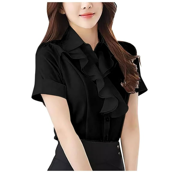 Bibifish Womens Shirts Blouse Ruffled Neck Short Sleeve Solid Color Blouse Elegant Loose Fit Casual Work Tops Stylish Trendy Shirts