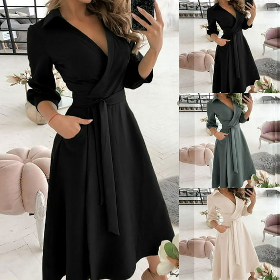 USSUMA Womens Summer Dresses Womens Dresses Long Sleeve V Neck Casual Lapel Collar Solid Color Tie Loose Fit Maxi Dress Elegant Skirt Loose Skirts Travel My Order Army Green Dress Size-L