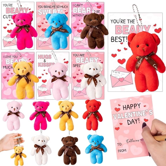 28 Pack Valentine's Day Gift Cards for with Mini Bear Plush Toys Keychain, Mini Stuffed Animal Plush Toys Party Favors for Valentines Day Gifts, Classroom School Exchange Valentines Gifts