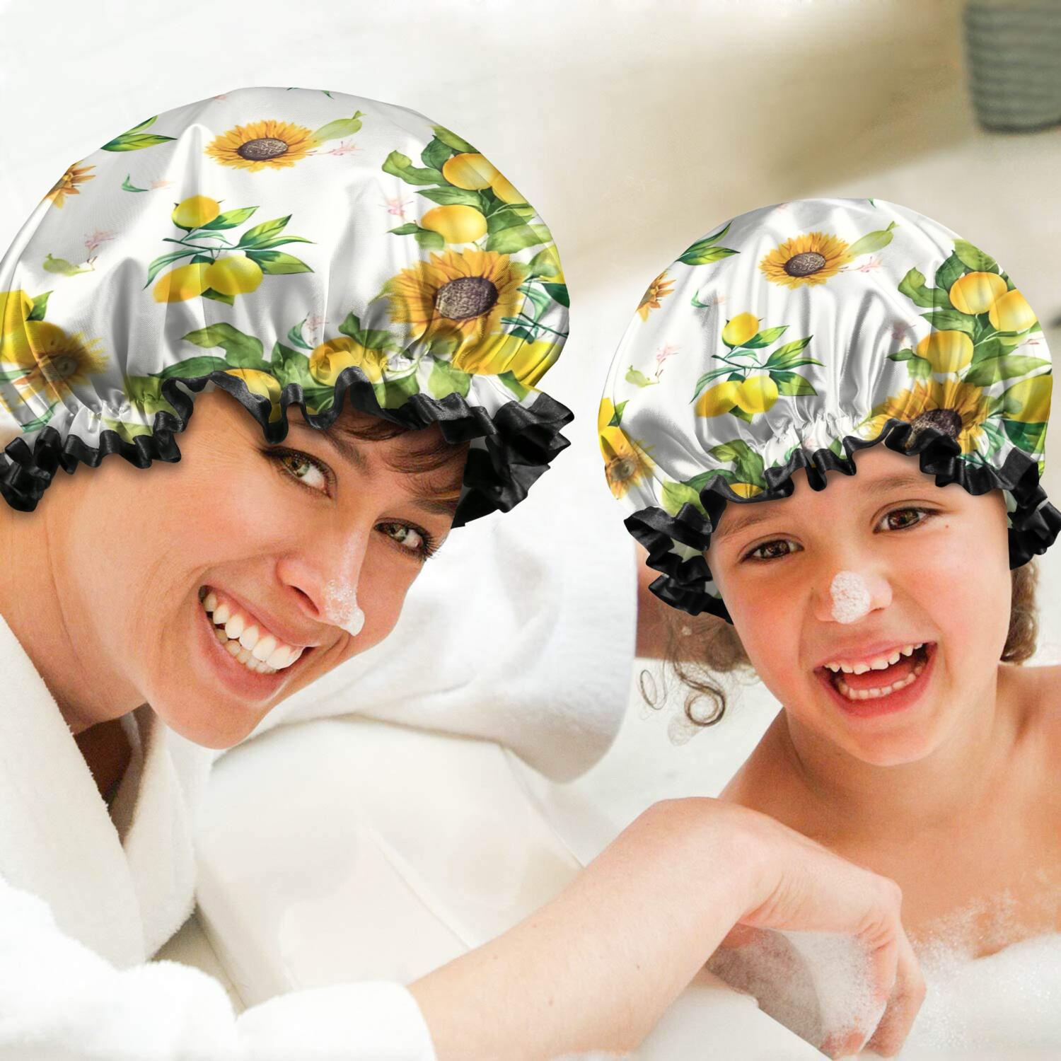 Shower Caps,Yellow Lemon Fruit Sunflowers White Pattern Waterproof Shower Cap for Women 4 Pieces,Double Reusable Hair Cover for Shower PEVA Elastic Stretch Hem