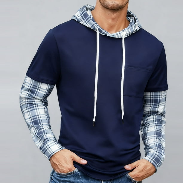 Ceisia Men's Regular-Fit Fake Two-Piece Plaid-Paneled Hooded Sweatshirt Multi-Style Gift