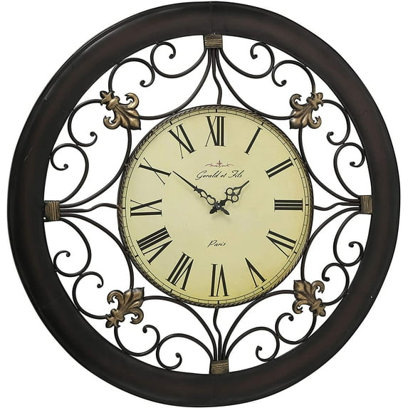 French Fleur de Lise Clock, Round Wall Analog Time Piece, Tonal Bronze Metal Work, Over 3 Feet Diameter (36.25 Inches) 1 AA Battery (not included) French Country Collection