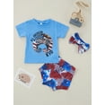 thumbnail image 2 of Bagilaanoe 4th of July Outfits for Toddler Baby Girls Short Sleeve Stars Stripe Print T-shirt Tops + Tie Dye Print Shorts + Headband 3pcs Independent Day Sets, 2 of 9