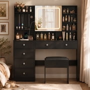 Ktaxon Large 47.2 Makeup Vanity with 3 Color Lights, Dressing Table w/ USB Charging Station, Adult, Black
