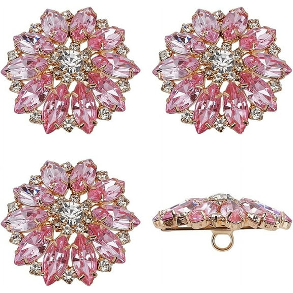4 Pcs Flower Alloy Clear Rhinestone Shank Buttons 1.5x1.57inch Hole 4mm Fuchsia Rhinestone Buttons Crystal Sew On Buttons Bouquet Rhinestone Buttons for Clothing DIY Decorate