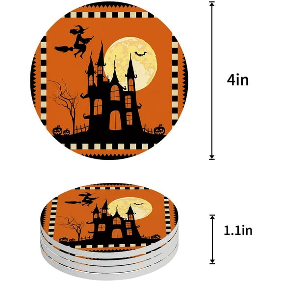 FMSHPON Halloween Witch and Castle at Full Moon Night Set of 8 Round Coaster for Drinks, Absorbent Ceramic Stone Coasters Cup Mat with Cork Base for Home Kitchen Room Coffee Table Bar Decor