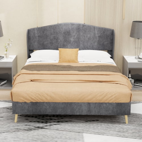 Full Size Velvet Upholstered Bed, Tufted Platform Bed with Plush Headboard, Grey Fabric Bed Frame for Bedroom, Luxurious & Cozy Design