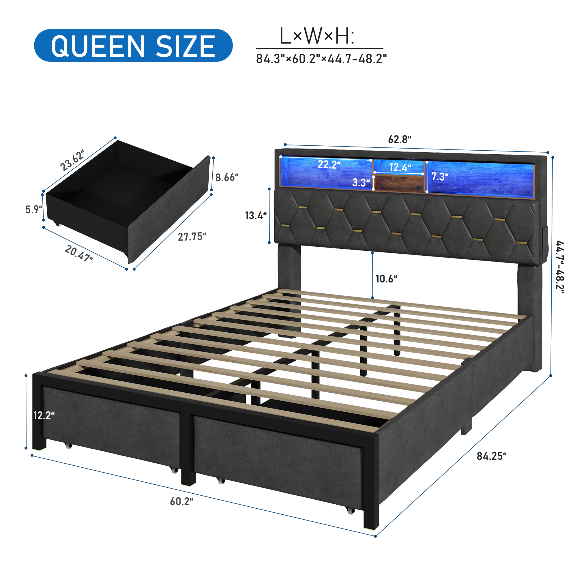 Queen Size LED Platform Bed Frame with Power Outlets & Flip-top Storage Headboard, Upholstered Storage Bed with Adjustable Headboard & 2 Drawers(Dark Grey1-Queen) - image 5 of 9