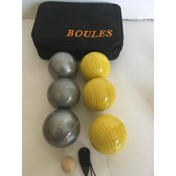 BuyBocceBalls 73mm Metal Petanque/Boules 6 Ball Set with 3 Plain Grind Sand and 3 Yellow Balls and Black Bag
