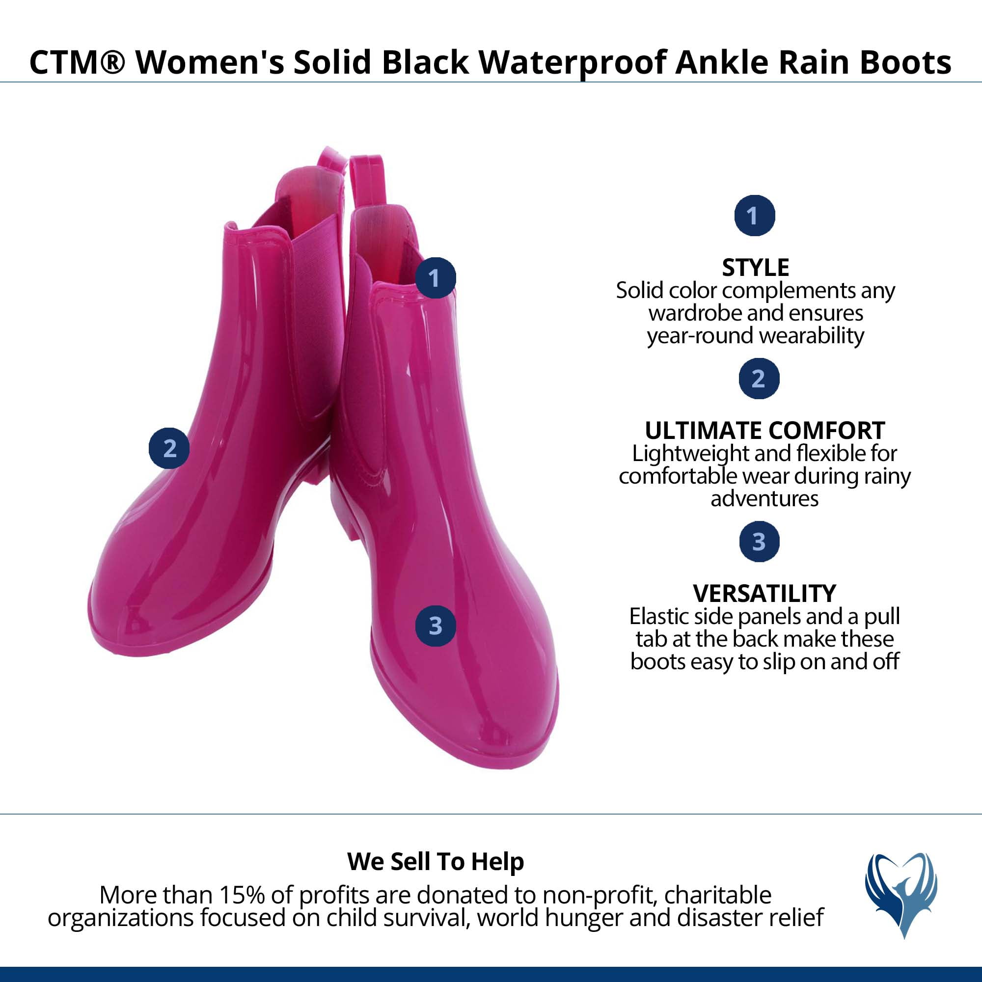 CTM  Solid Color Waterproof Ankle Rain Boots (Women)