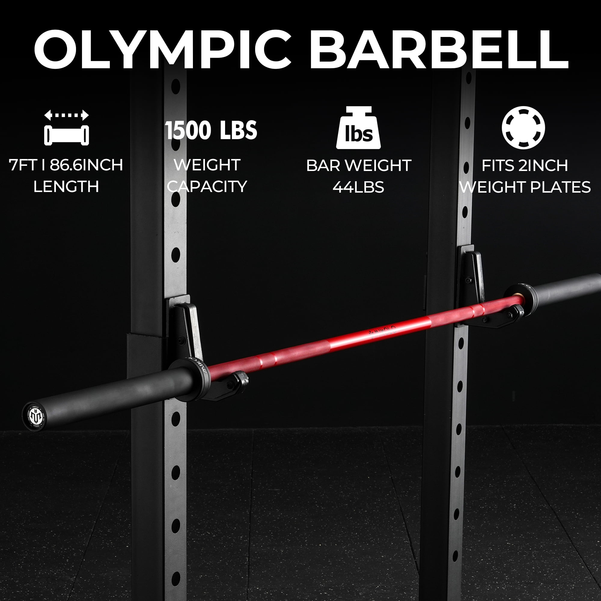 Mikolo 7ft Olympic Barbell, Barbell for Weightlifting and Powerlifting 45lb, Olympic Bar for 1500lbs Capacity, Weight Bar Fit 2” Standard Weights