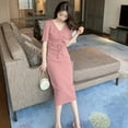thumbnail image 1 of Robe d'Été pour Femmes à Col en V, Manches Courtes, Unie, Froncée, Robes Décontractées pour Dames, Jupe Midi Rose, TG, 1 of 7