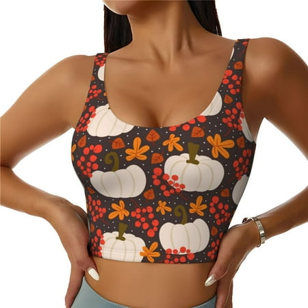 Qokaie Autumn White Pumpkin Pattern Womens Scoop Neck Sports Bra Breathable Workout Vest Padded U Back Medium Impact Fitness Gym Yoga Bra Workout Crop Top-Medium