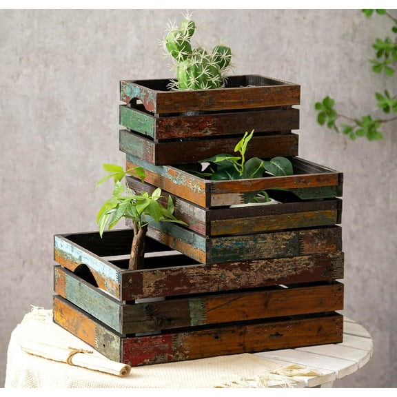 3 Rustic Distressed Wood Nesting Crates, Farmhouse D rative Wooden Storage Boxes, Large Vintage Reclaimed Wood Baskets for Display (Random)