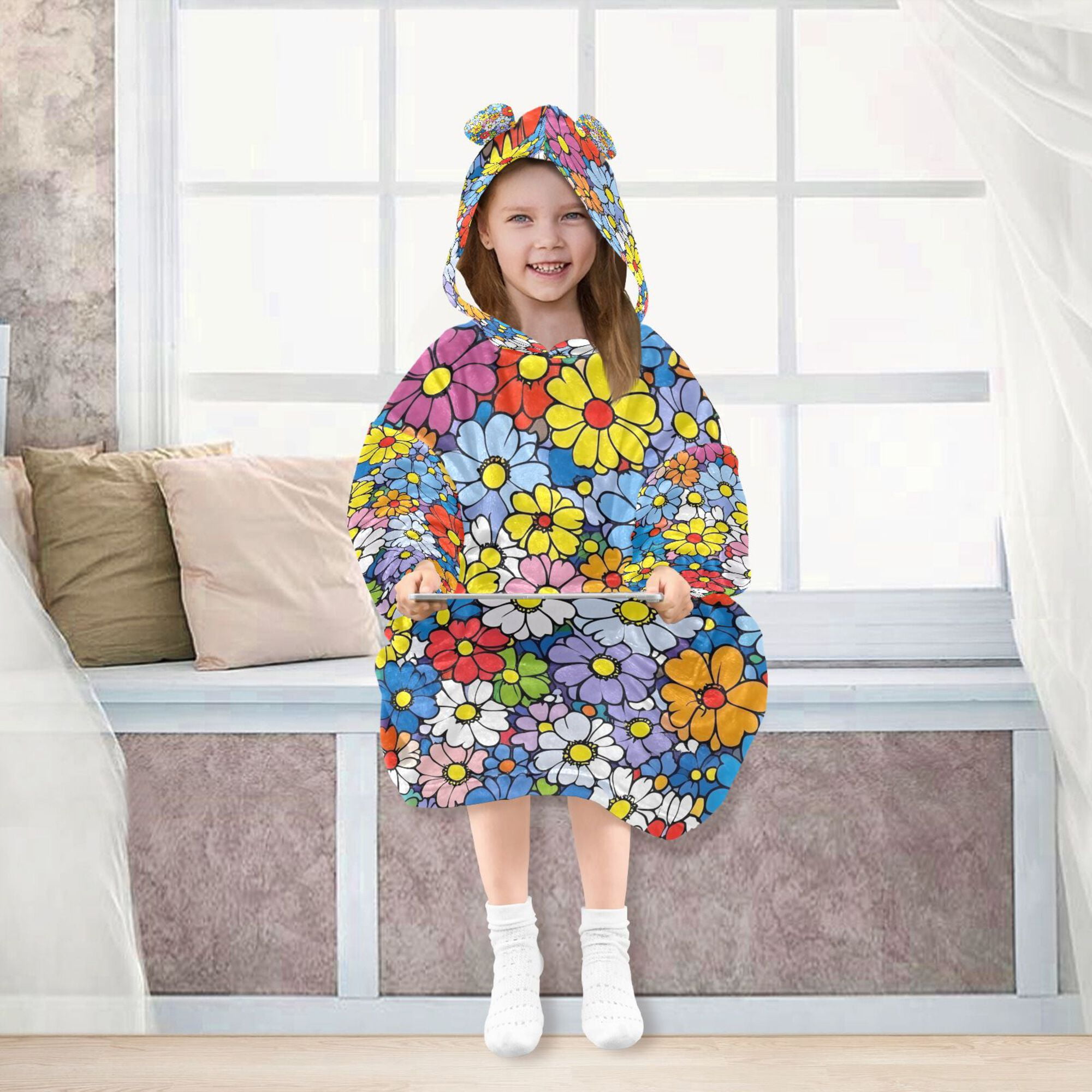 FORMRS Wearable Blanket Hoodie with Sleeves for Kids Cozy Flannel Sweatshirt, Floral Fiesta