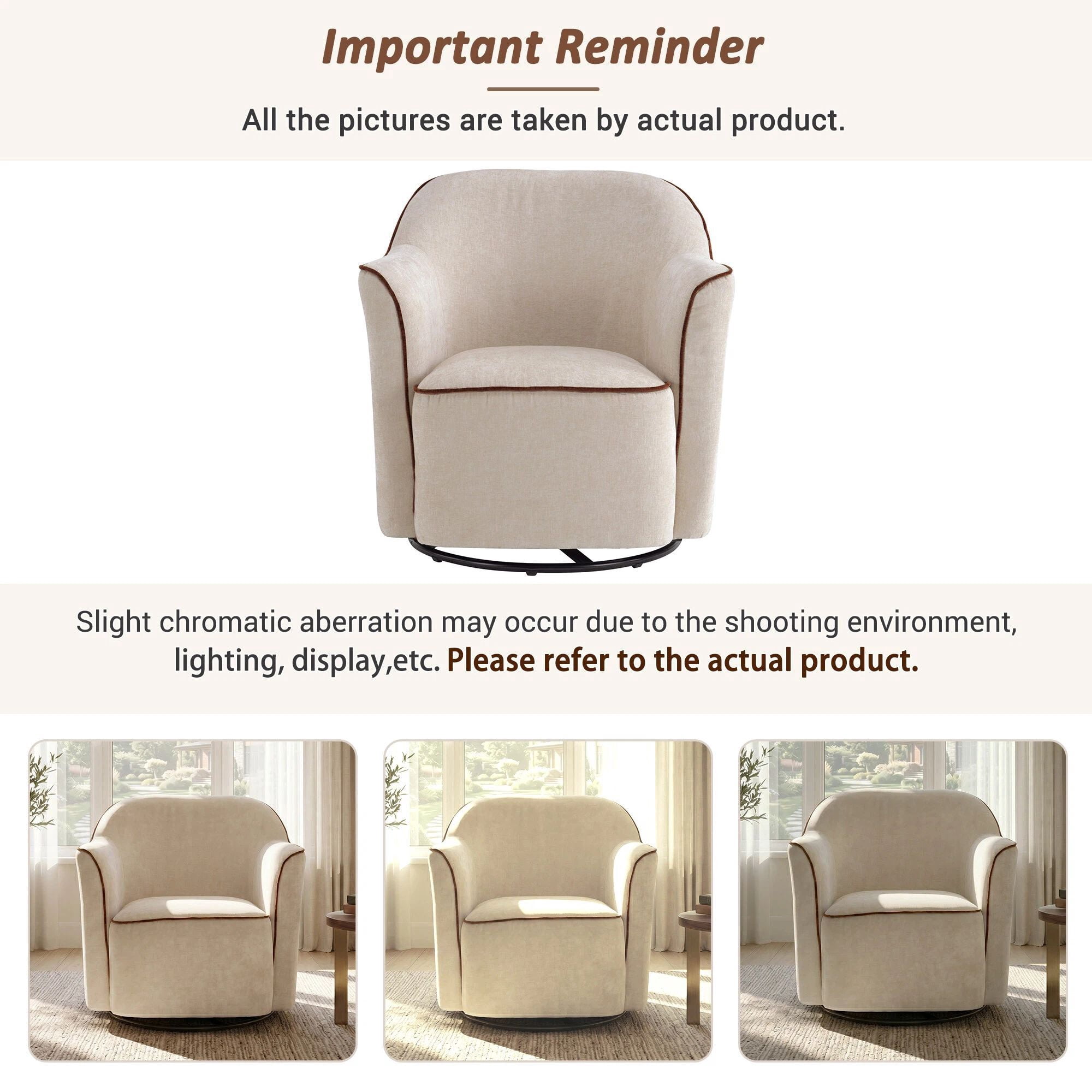 Euroco 360° Swivel Accent Chair, Chenille Upholstered Barrel Chair with Flared Arms, Modern Reading Armchair for Living Room, Bedroom and Office, Beige