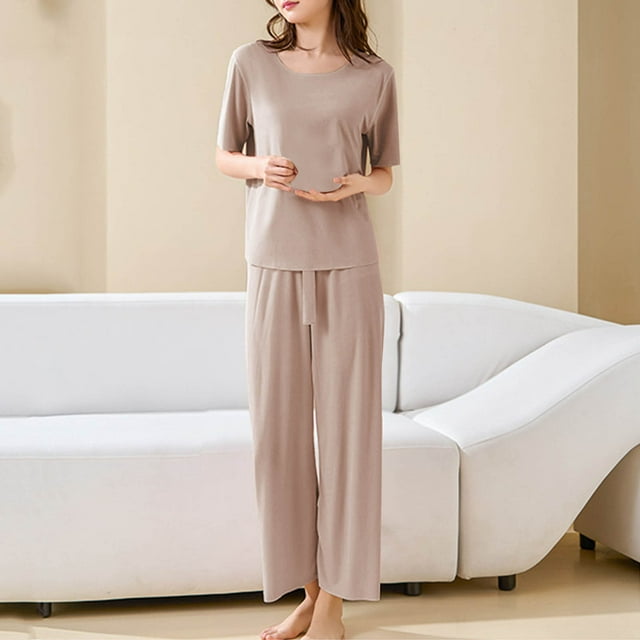 Karight Women's Fashion Plus Size Home Clothes Ice Silk Couple Pajamas Short Sleeve Pants Suit Pajamas Suit