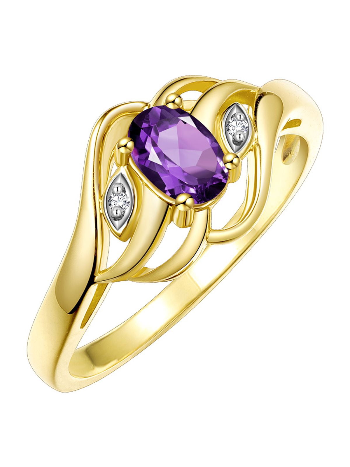 RYLOS Rings for Women 14K Gold Plated Silver Ring Classic Style Birthstone Ring 6X4MM Gemstone & Diamonds February Amethyst Jewelry for Women Size 10