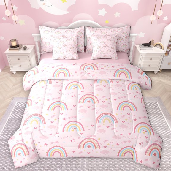Manfei Cute Rainbow 7-Piece Twin Bedding Sets,Loves Stars Print Bedding Comforter Set,Pink Fairy Tale Sheet Sets For Girls Kids,Super Cozy Room Decor Reversible