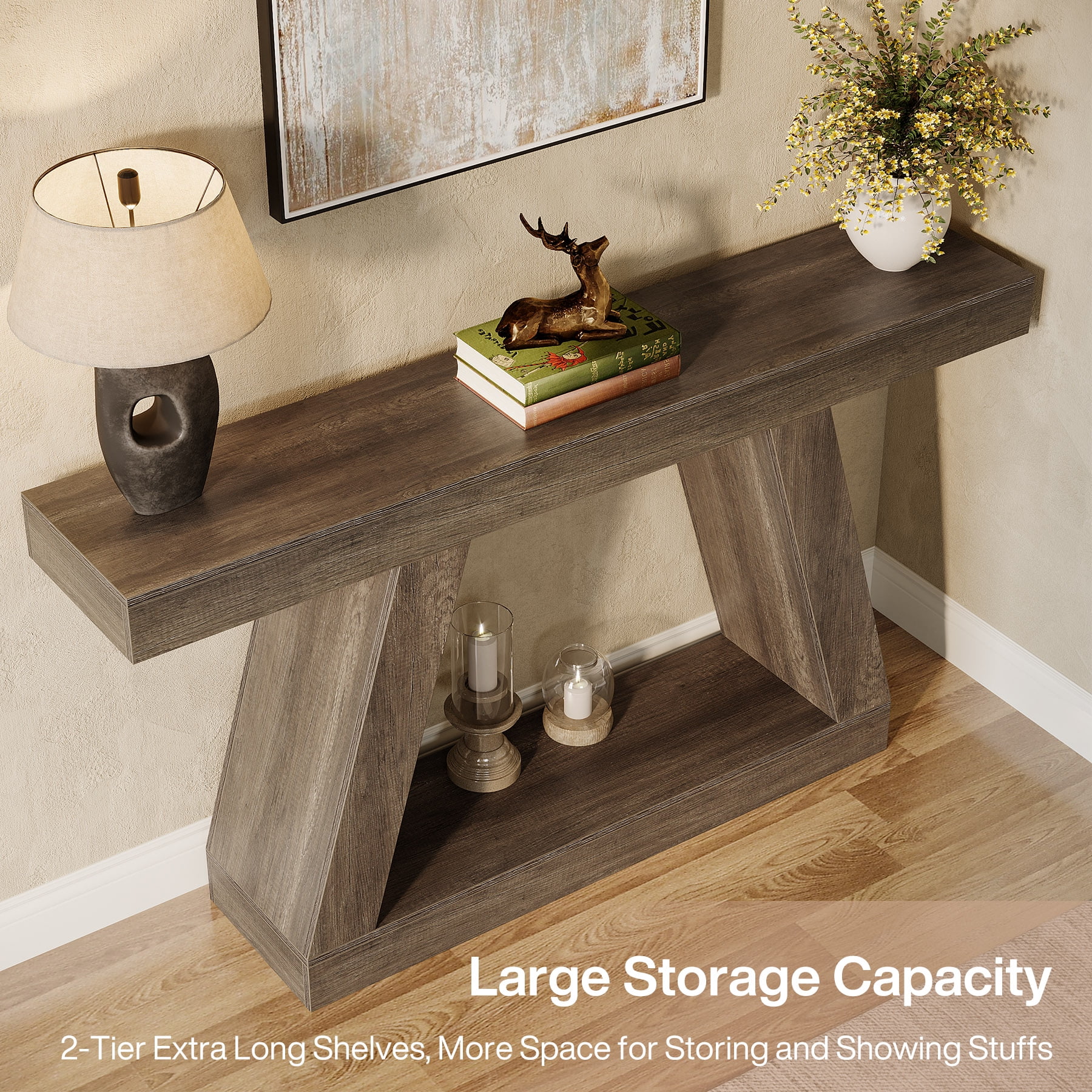 Finmind 55-inch Farmhouse Console Table，2-Tier Wood Entryway Table for Hallway, Gray