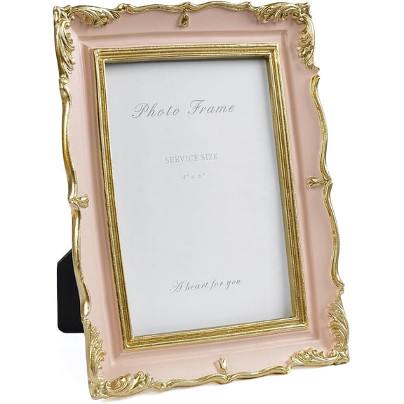 Vintage Pink 5x7 Picture Frame, Pink and Gold 5 by 7 Antique Photo Frames, Ornate Textured Hand-Crafted Resin Frame with Glass Front for Tabletop Display, Retro Design Home Decor
