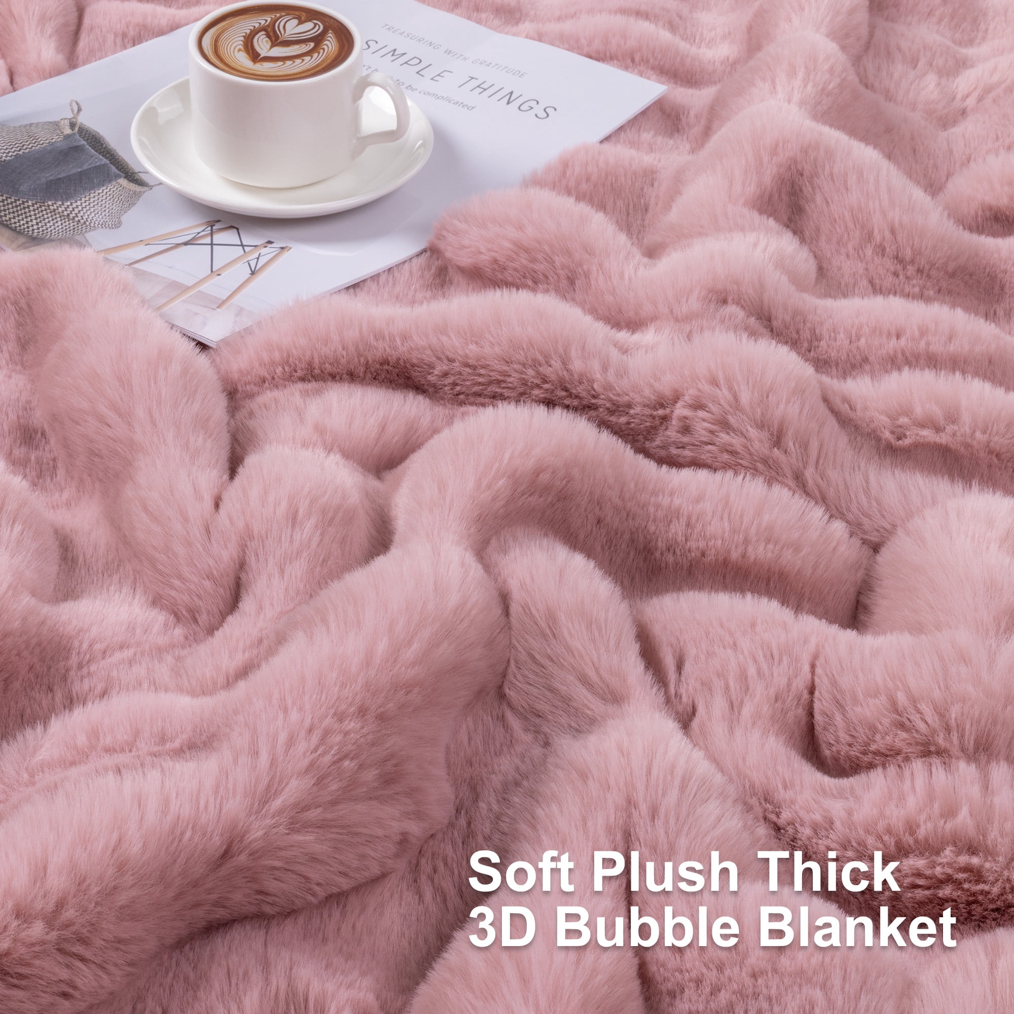 MJIAexp Faux Fur Throw Blanket for Couch, Cozy Soft Plush Thick Fuzzy Comfy Bubble Blanket and Fuzzy Plush Rabbit Fur Blanket for Sofa Bedroom Living Room, 50" x 60" Pink