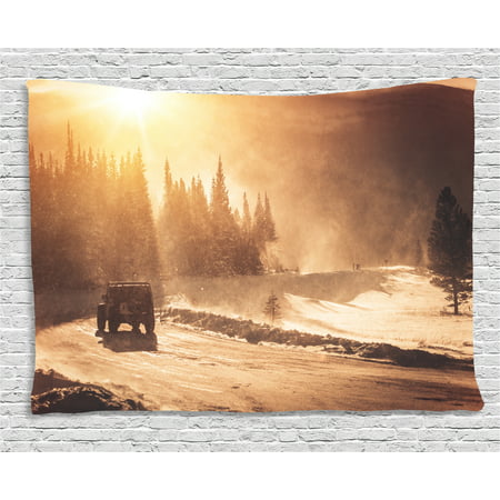 Winter Tapestry, Colorado Mountain Road and Winter Storm with High Wind Icy Road and Vehicle, Wall Hanging for Bedroom Living Room Dorm Decor, 60W X 40L Inches, Brown Orange Yellow, by