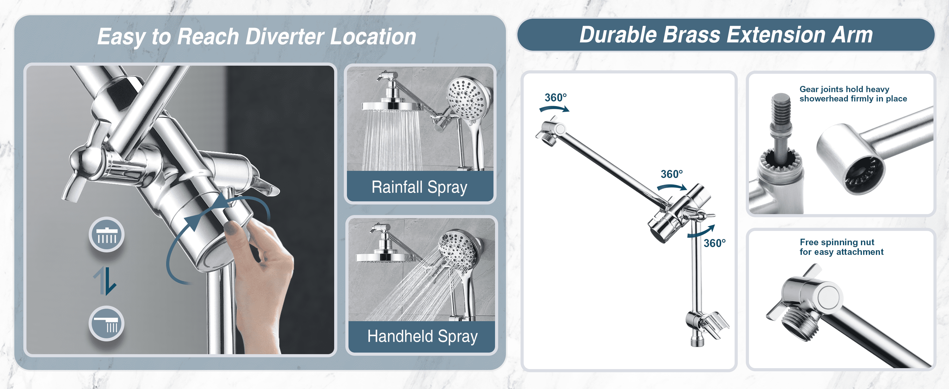 BRIGHT SHOWERS Rain Shower Head with Handheld Spray Built-in Power Wash, High Pressure Dual Shower Head with Height Adjustable Extension Arm, 3-Way Diverter, 9 Settings Handheld, 69" Hose, Chrome